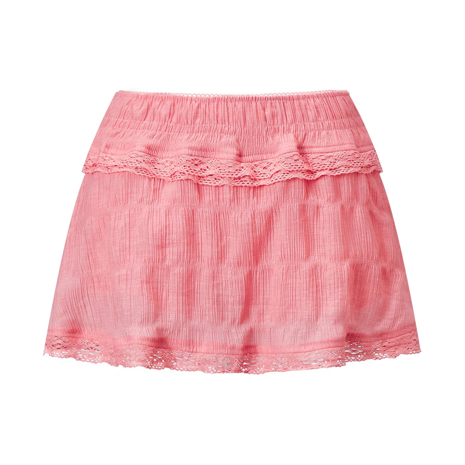 VacationGrabs Women Lace Ruffle Tiered Mini Skort Elastic Waist Low Rise Flowy Micro Skirt Y2K Summer Casual Skirt With Inner Shorts
