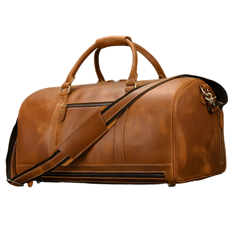 Custom Leather Travel Bag with Belt – Luxury Duffle with Shoe Pocket - VacationGrabs