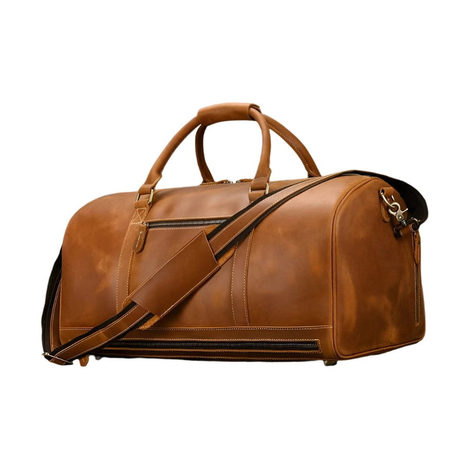 Custom Leather Travel Bag with Belt – Luxury Duffle with Shoe Pocket - VacationGrabs