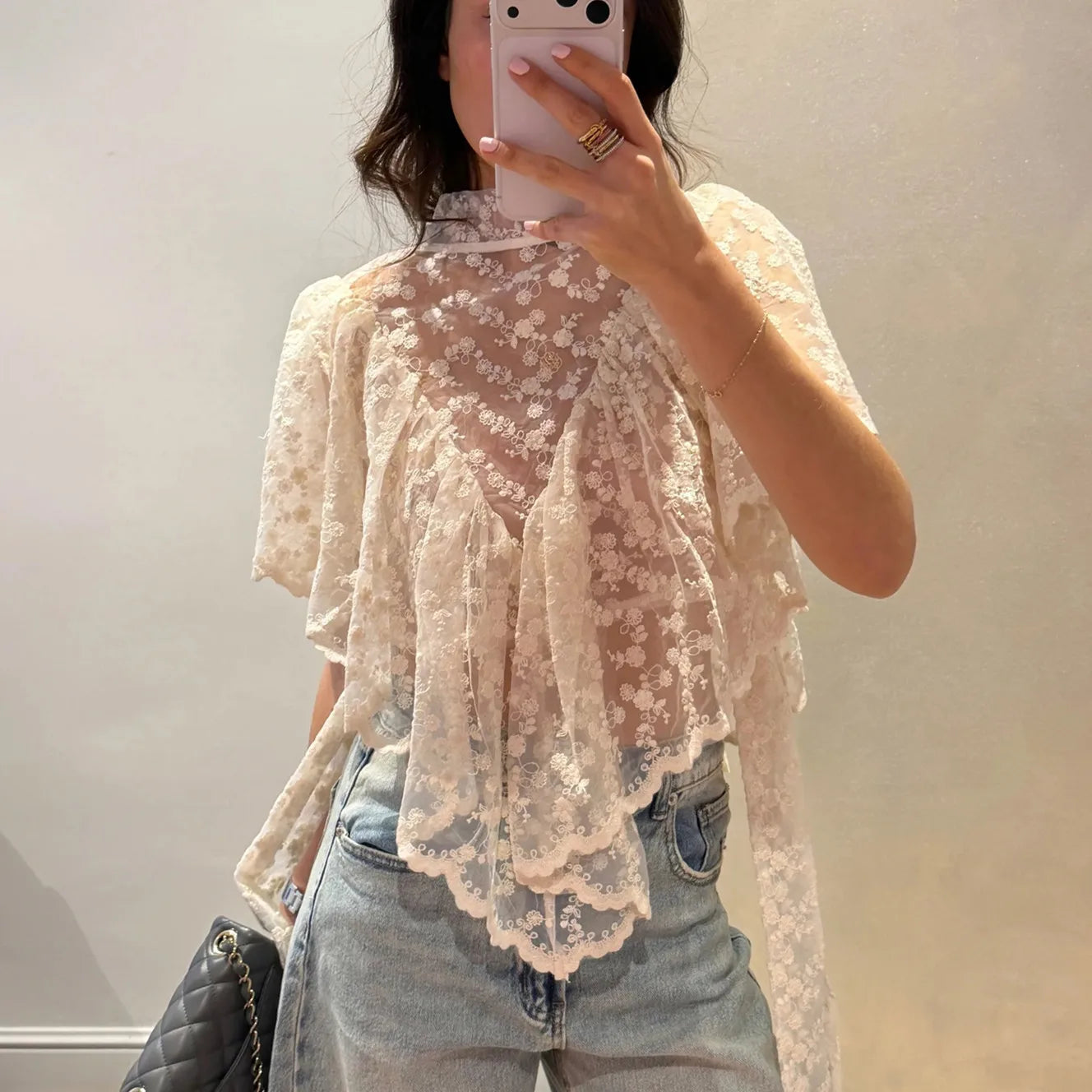 VacationGrabs Y2K Fairy Mesh See Through Casual High Neck Looseshawls Women Floral Lace Embroidery Shawl Tops Asymmetrical Streetwear