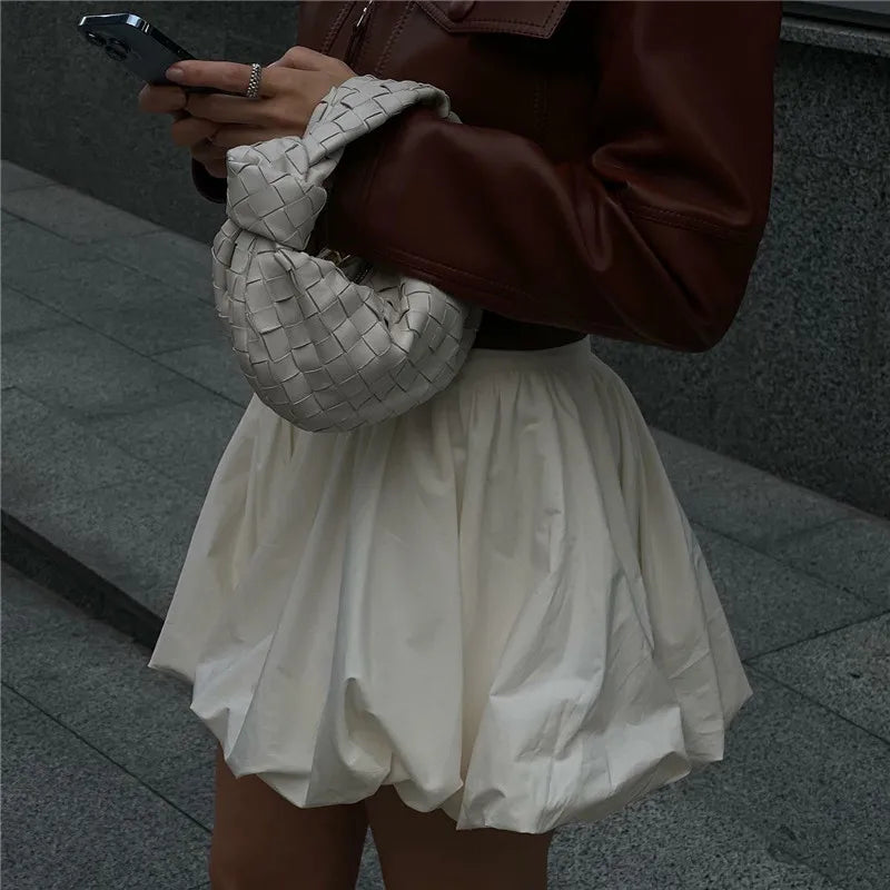 VacationGrabs Women Y2K Bubble Skirt Fashion Elastic Waist Pleated Ruffle Hem A Line Mini Skirt Girls Cute Short Puffy Balloon Skirt