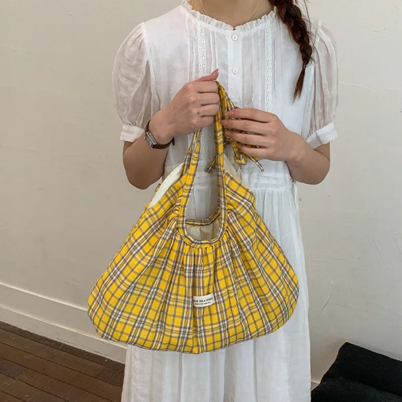 Women's Plaid Pleated Polyester Shoulder Bag, Casual Travel