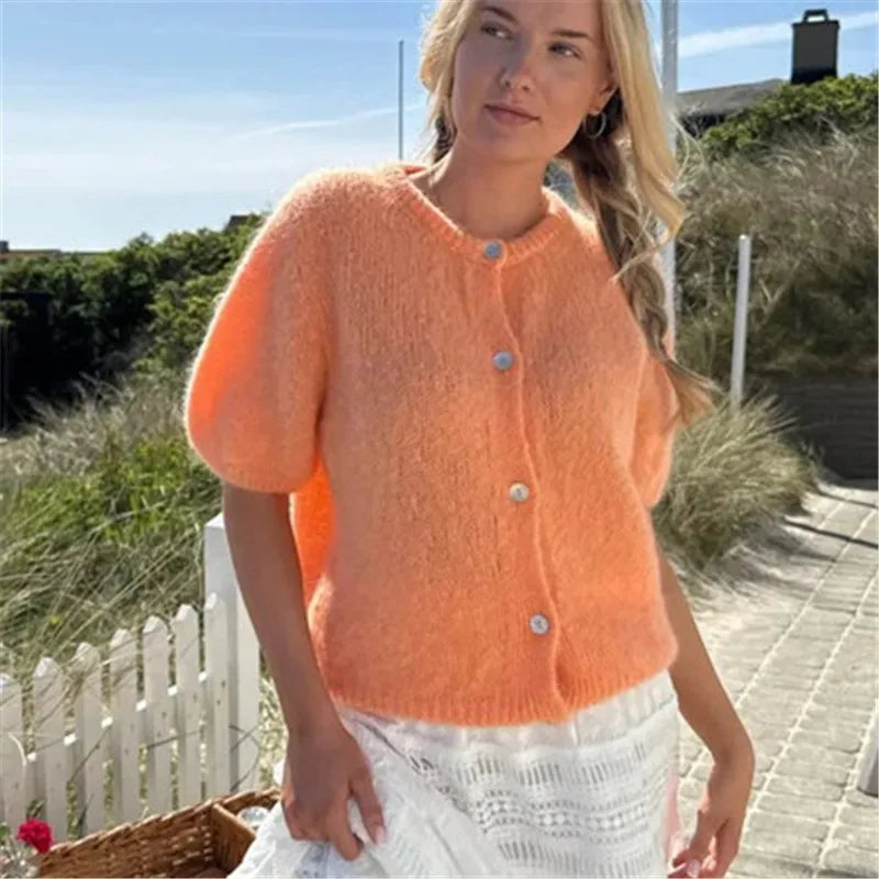 VacationGrabs Y2k Cardigan Sweaters for Women Short Sleeve Button Down Knit Cardigans Casual Sweater Pullover Autumn Winter Tops