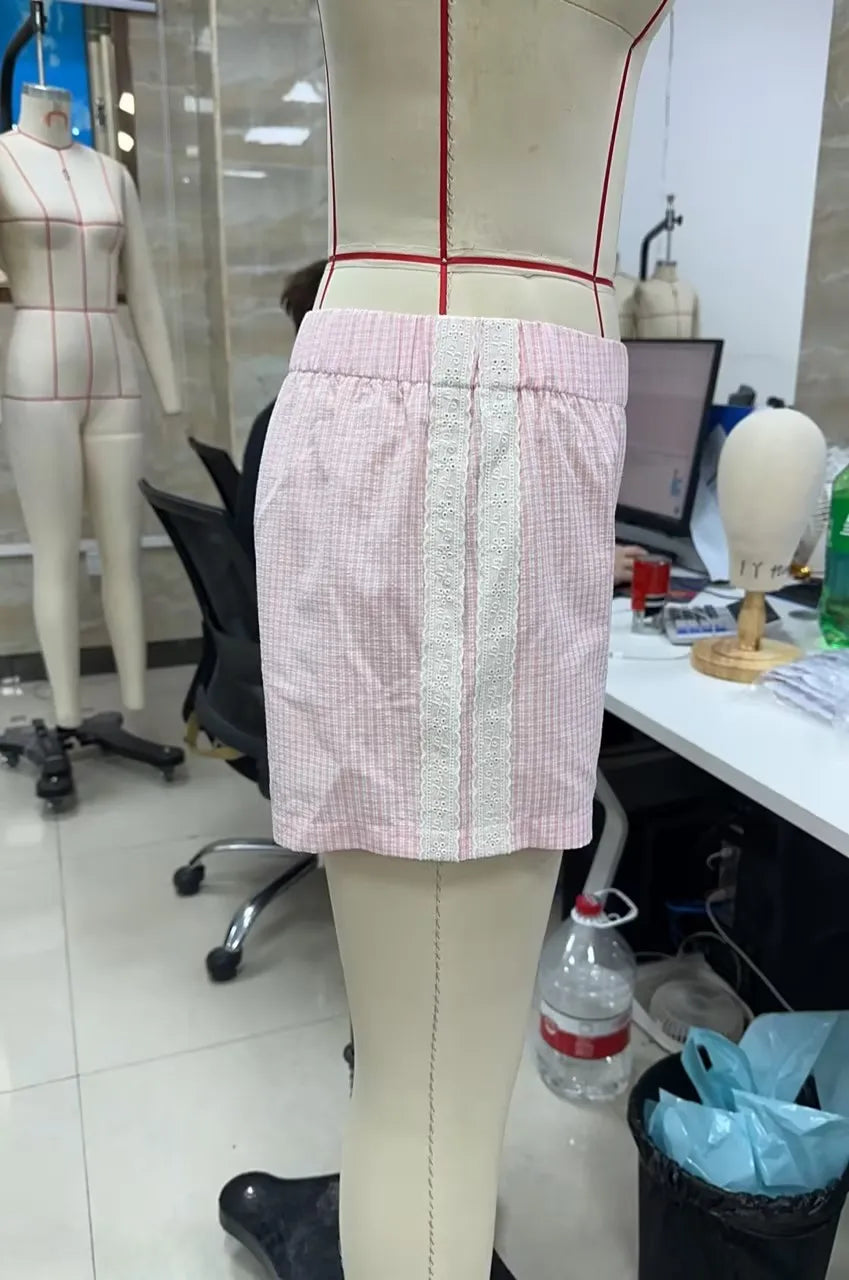 VacationGrabs Cute Women Plaid Sleep Shorts Elastic Waist Side Lace Trim Loose Casual Short Pants Summer Holiday Beach Lounge Wear
