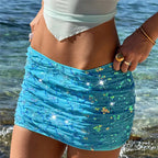 VacationGrabs Women Sparkly Sequined Mesh Ruched Skirt Low Waist Bodycon Beach Cover Up Sheer Wrap Mini Skirt Swimwear For Summer