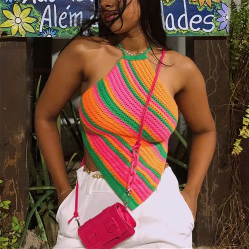 hriigin Cute Women Striped Crochet Halter Neck Top Knit Sleeveless Triangle Hem Crop Top Backless Summer Top Casual Daily Wear