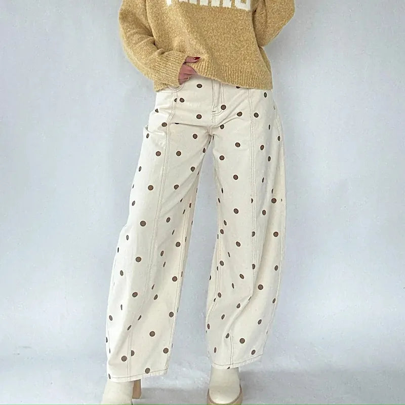 VacationGrabs Polka Dot Jeans Women Y2K Print High Waisted Wide Leg Denim Pants Vintage Stretchy Boyfriend Jeans 90s 00s Streetwear