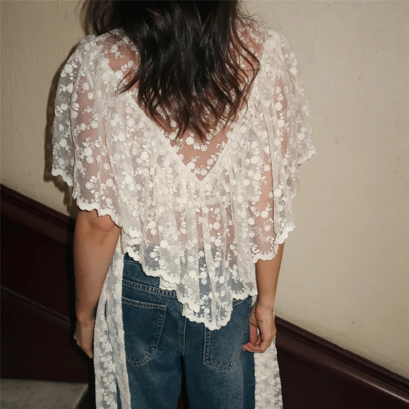 VacationGrabs Y2K Fairy Mesh See Through Casual High Neck Looseshawls Women Floral Lace Embroidery Shawl Tops Asymmetrical Streetwear