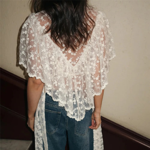 hirigin Y2K Fairy Mesh See Through Casual High Neck Looseshawls Women Floral Lace Embroidery Shawl Tops Asymmetrical Streetwear