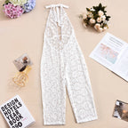 VacationGrabs Chic Women Sheer See Through Capri Bodysuit Lingerie Halter V Neck Sleeveless Open Back Slim Fit Lace Jumpsuit Romper