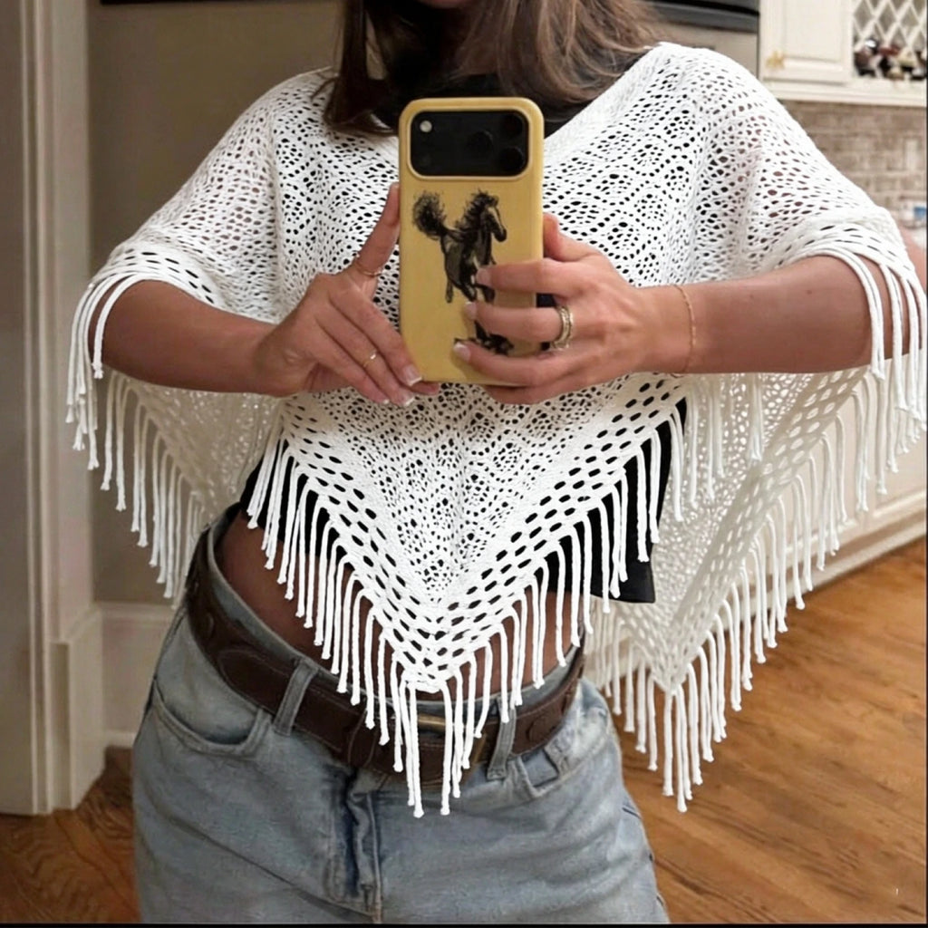 VacationGrabs Hollow Crochet Fringe Tassel Beach Cover Up Knit Triangle Shawl Bikini Outerwear Summer Casual Top