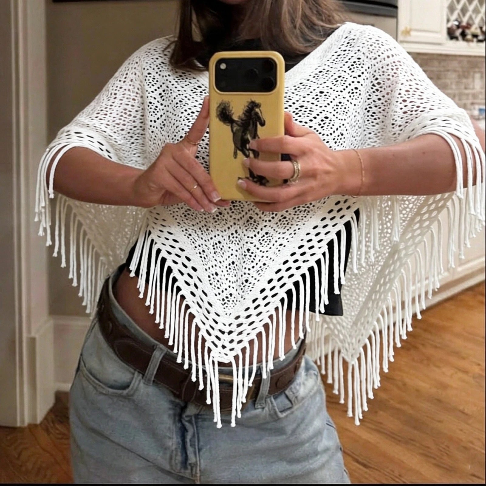 VacationGrabs Hollow Crochet Fringe Tassel Beach Cover Up Knit Triangle Shawl Bikini Outerwear Summer Casual Top