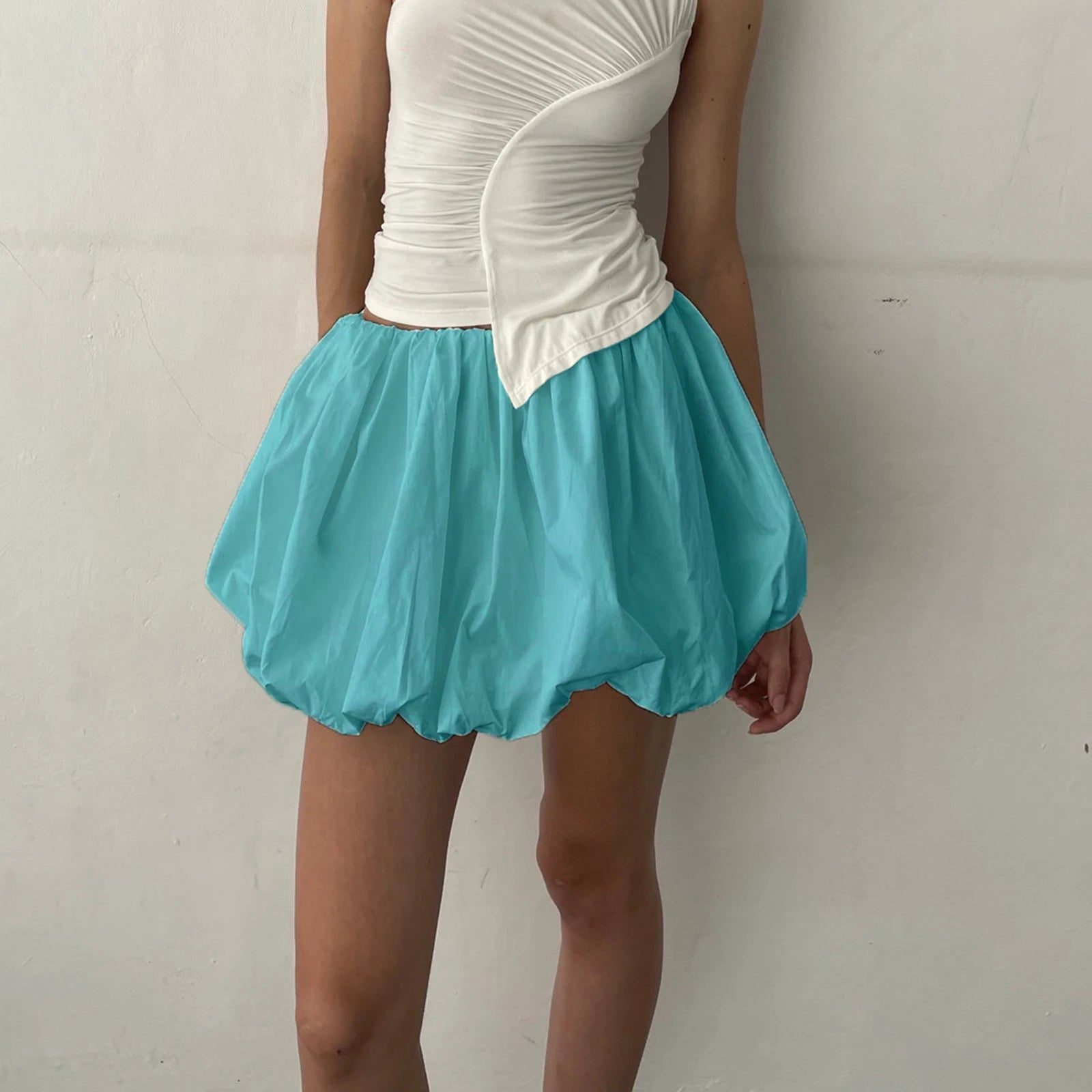 VacationGrabs Women Y2K Bubble Skirt Elastic Waist Pleated Ruffle Hem A Line Mini Skirt Girls Cute Short Puffy Balloon Skirt