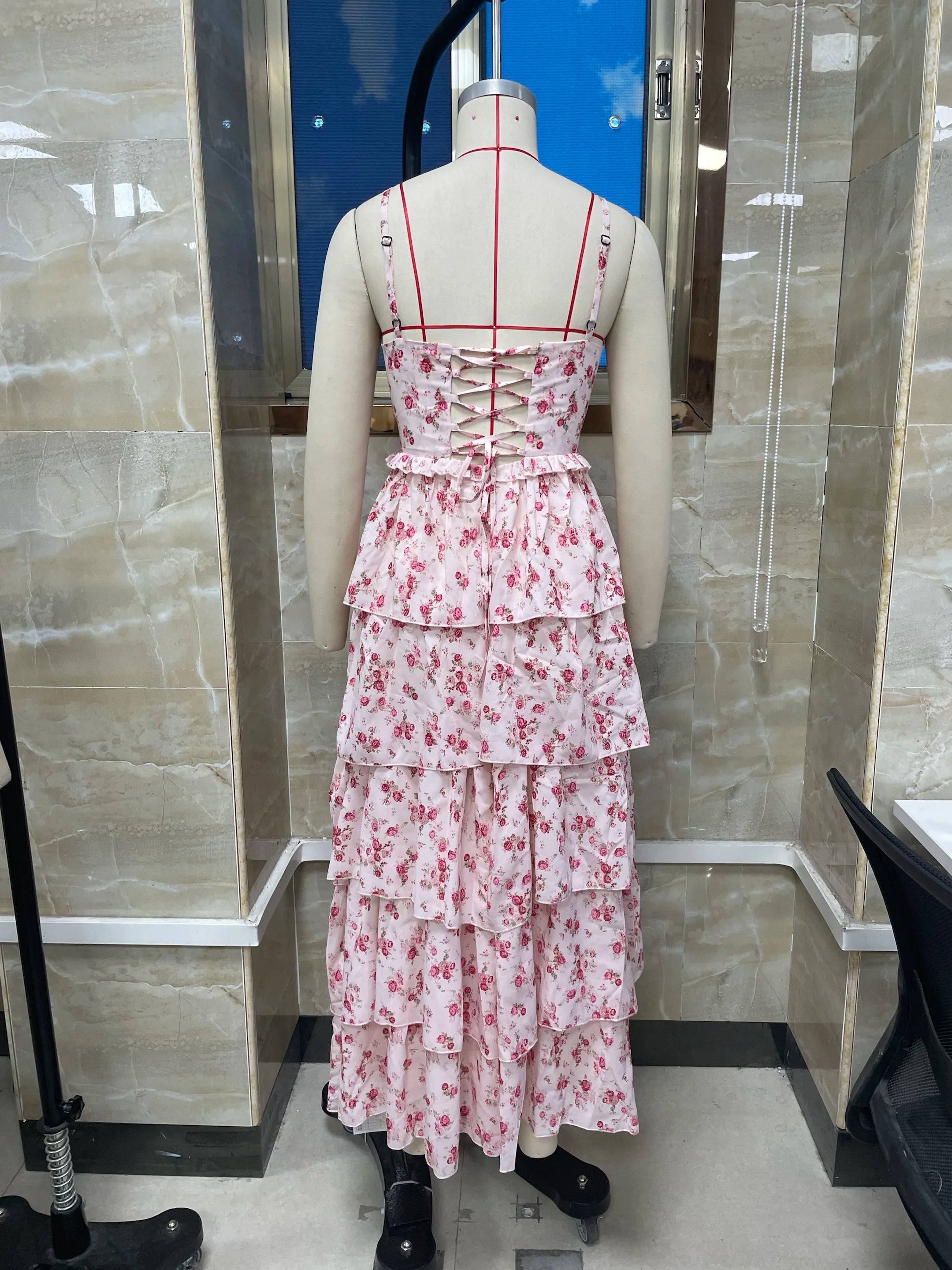 Women's Boho Long Floral Dress Vintage Summer Spaghetti Strap Stylish Print Multi-Layered Ruffles Back Tie V Neck A Line Dress