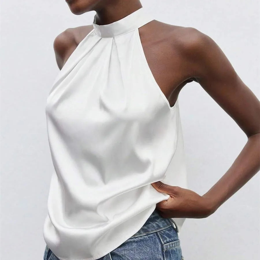 VacationGrabs Elegant Satin Halter Neck Tank Tops Women's Sleeveless Solid Color T Shirt Basic Crop Tops Fashion Summer Party Clubwear