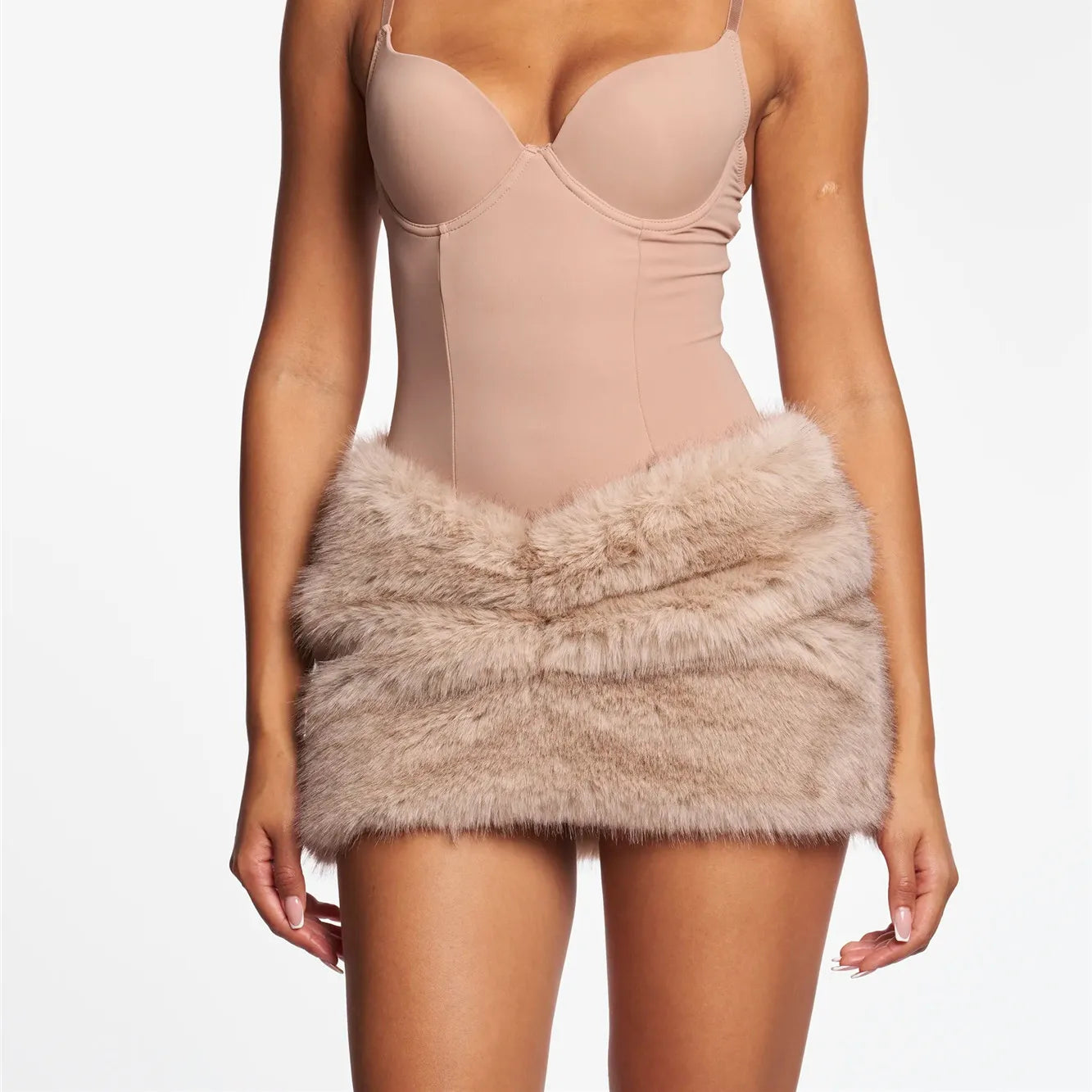 VacationGrabs Summer Fur Mini Skirt Elegant Lady Ruched Low Rise Bodycon Skirt Y2K Vintage Plush Pencil Skirt Chic Women Party Club