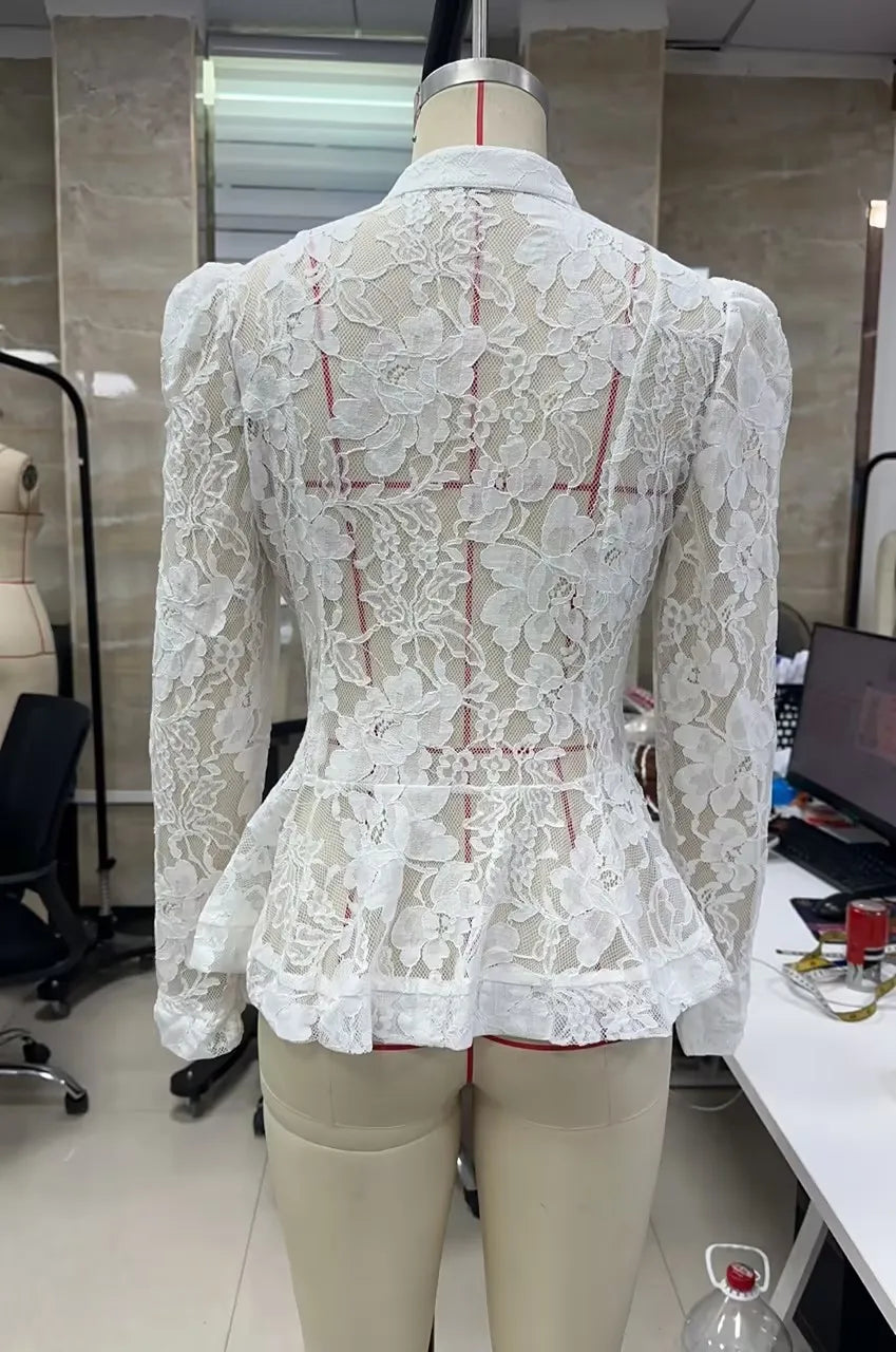 VacationGrabs Vintage Sheer Floral Lace Shirt Women Stand Collar Chinese Knot Buttons Puff Sleeve Peplum Slim Fit Casual Street Blouse