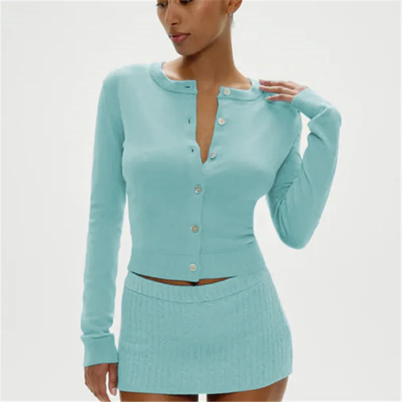 VacationGrabs Knitted Fashionable Casual Cardigan Top Solid Color Round Neck Long Sleeved Slim Fit Winter Fall Button Sweater Tops