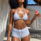 VacationGrabs Women's 2 Piece Bikini Set Fashion Plaid Print Sleeveless Halter Neck Triangle Tops and Low Waist Boyshorts Bathing Suit