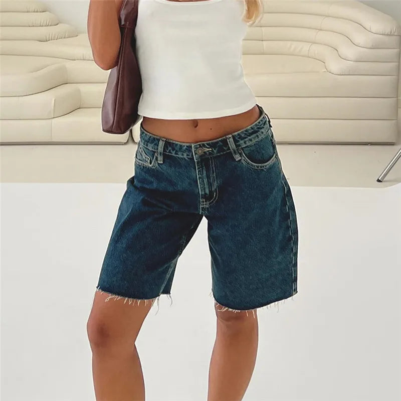 VacationGrabs Women Loose Fit Denim Shorts Elegant Solid Color Zip Fly with Button Closure Bermuda Jean Shorts for Beach Daily Wear
