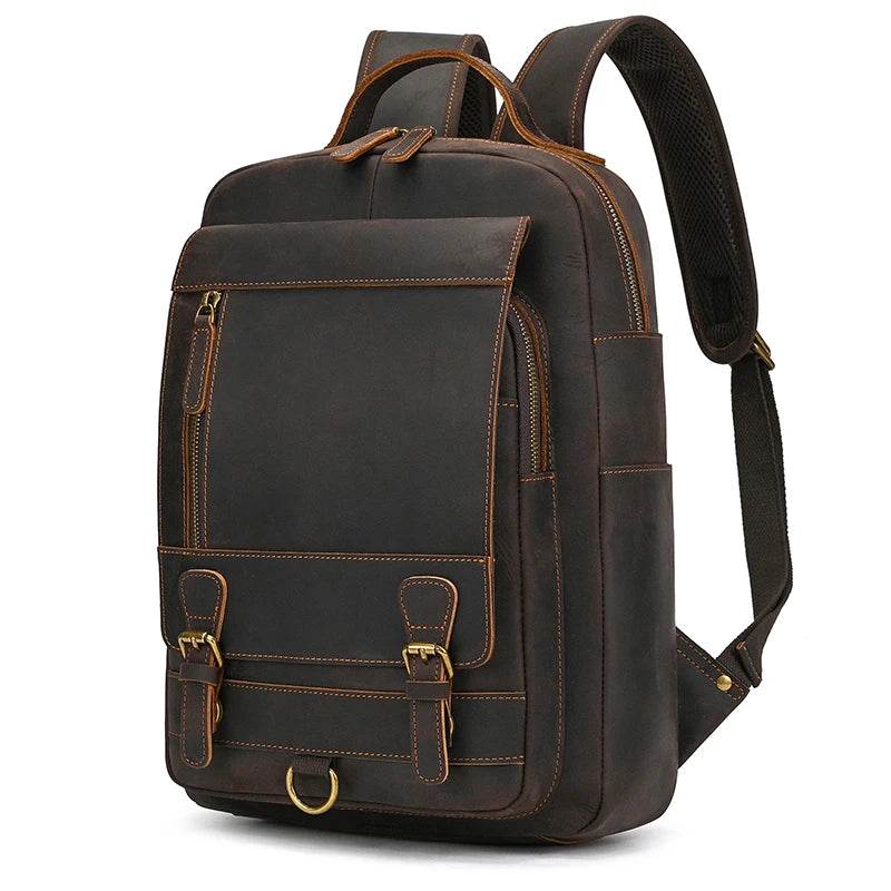 Crazy Horse Leather Men’s Laptop Backpack Travel Computer Bag - VacationGrabs