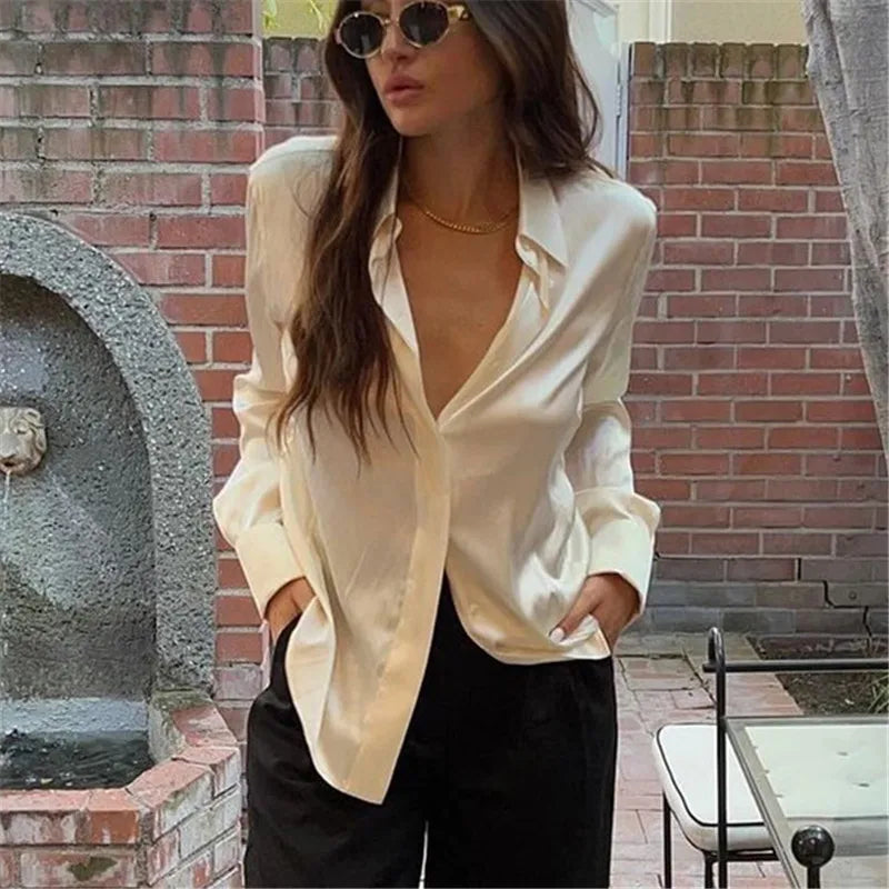 VacationGrabs Satin Silk Waist Ruched Fitted Shirt Women Long Sleeve Lapel Collar Button Up Slim Bodycon Blouse Casual Streetwear