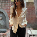 VacationGrabs Satin Silk Waist Ruched Fitted Shirt Women Long Sleeve Lapel Collar Button Up Slim Bodycon Blouse Casual Streetwear