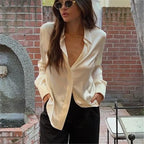 VacationGrabs Satin Silk Waist Ruched Fitted Shirt Women Long Sleeve Lapel Collar Button Up Slim Bodycon Blouse Casual Streetwear