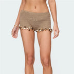 VacationGrabs Boho Style Women Knit Crochet Beach Shorts Low Rise Bead Trim Loose Fit Mini Short Pants Summer Casual Streetwear