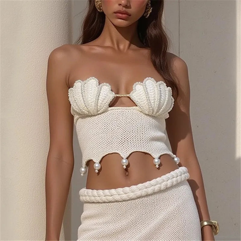 VacationGrabs Sexy Pearls Knit Tube Top Lady Chic Beach Sleeveless Hollow Out Slim Fit Short Tops Summer Women Holiday Beachwear