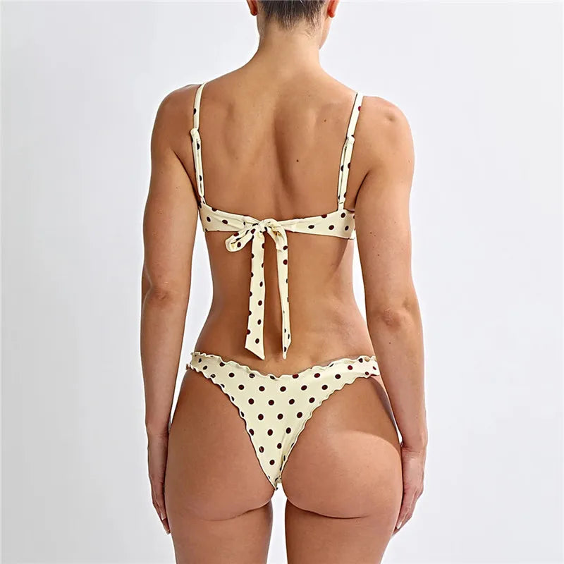 VacationGrabs Women Dots Print 2pcs Bikini Set Holiday Swimsuits Tie-Up Back Bikini Tops Low Rise Thongs Female Bathing Suit Beachwear