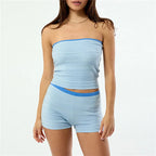 VacationGrabs Vintage Stripe 2 Piece Outfit Women Contrast Edge Strapless Tube Top Slim Fit Hot Shorts Casual Summer Y2K Streetwear