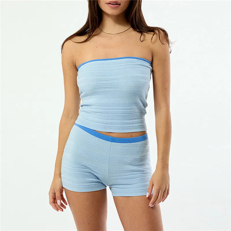 VacationGrabs Vintage Stripe 2 Piece Outfit Women Contrast Edge Strapless Tube Top Slim Fit Hot Shorts Casual Summer Y2K Streetwear