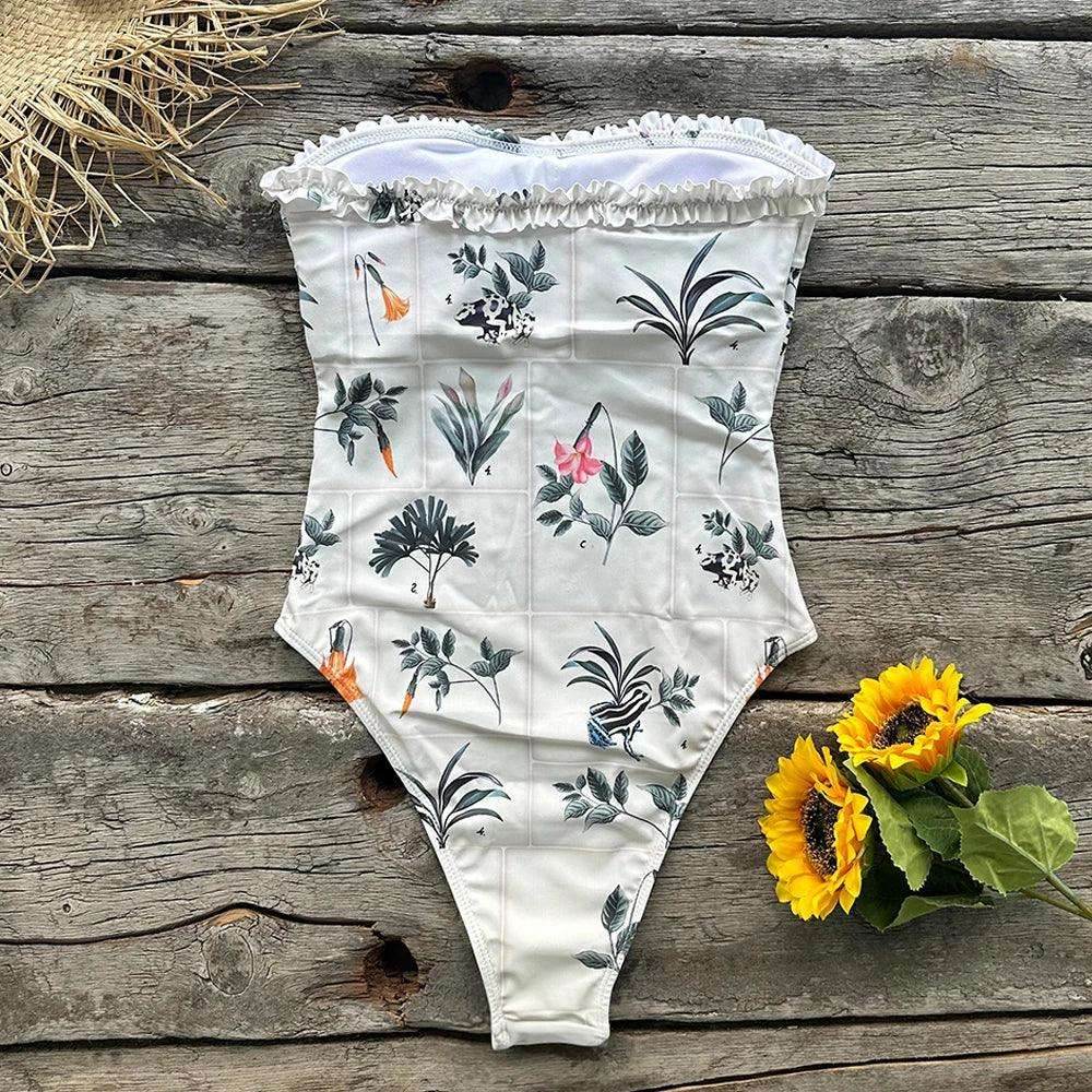 Bandeau One Piece Women Floral Swimsuit - VacationGrabs