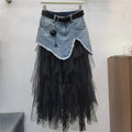 Women's Skirts Mesh A-line High Waist Long Irregular Denim Skirt