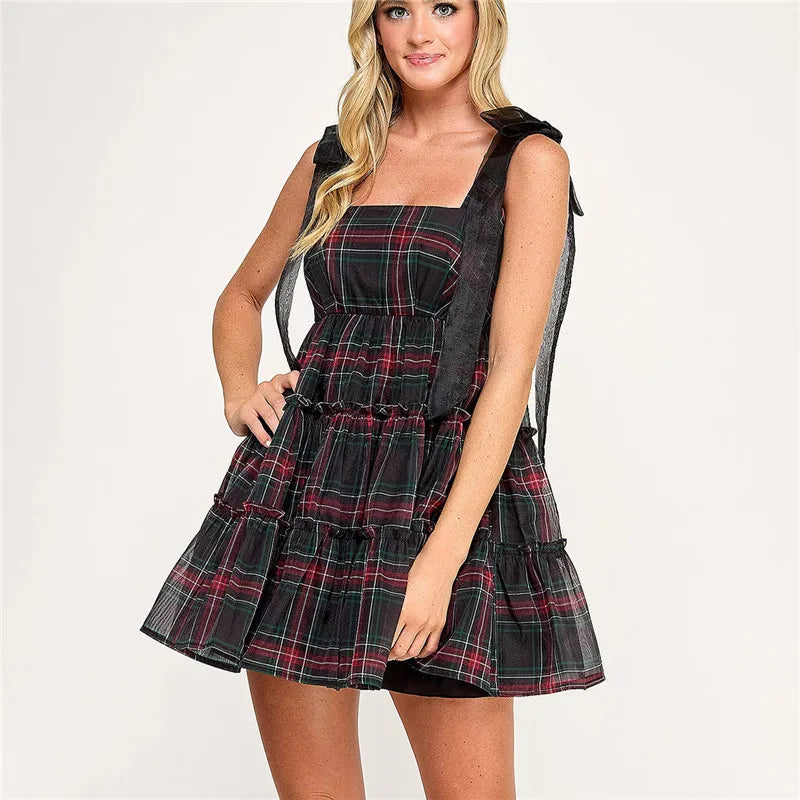 VacationGrabs Women Tartan Plaid Mini Dress Square Neck Mesh Bow Strap Sleeveless Tiered Ruffle A Line Swing Christmas Party Dress