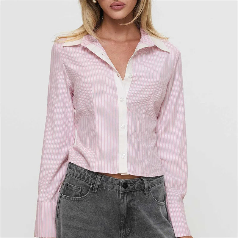 VacationGrabs Fashion Women Striped Shirt Long Sleeve Shirt Button-down Elegant Ladies Blouse Fall Spring Work Out Tops Casual Daily