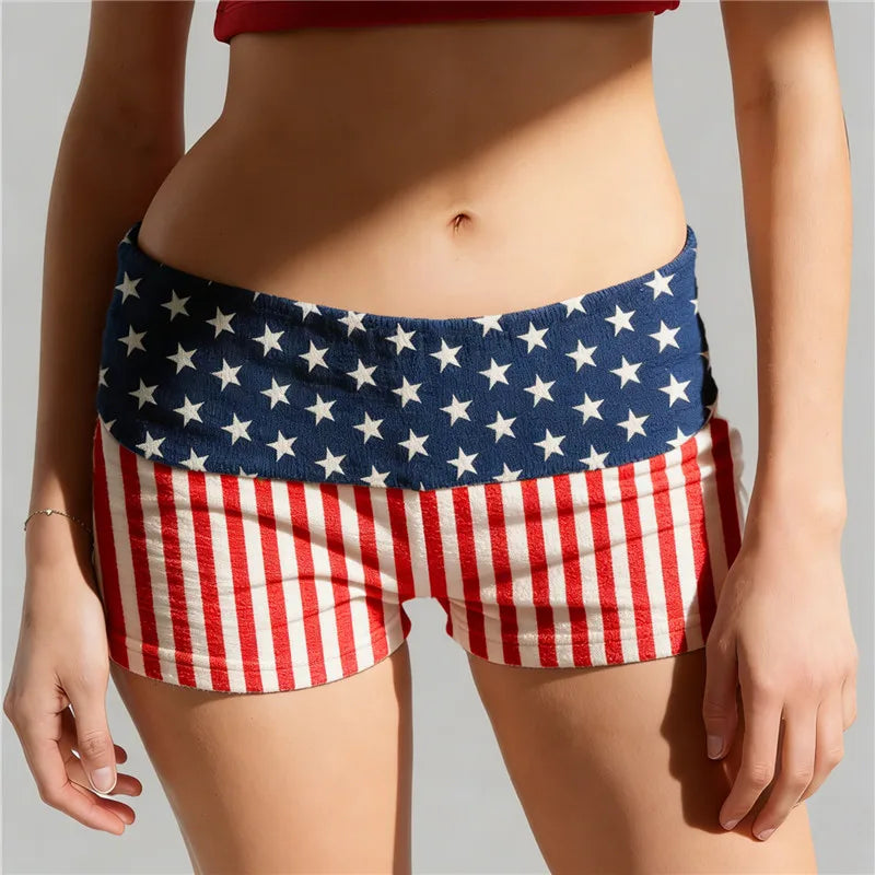VacationGrabs Womens Patriotic Shorts Casual Foldover Waist Stars and Stripes Print Slim Fit Shorts Streetwear Shorts Independence Day