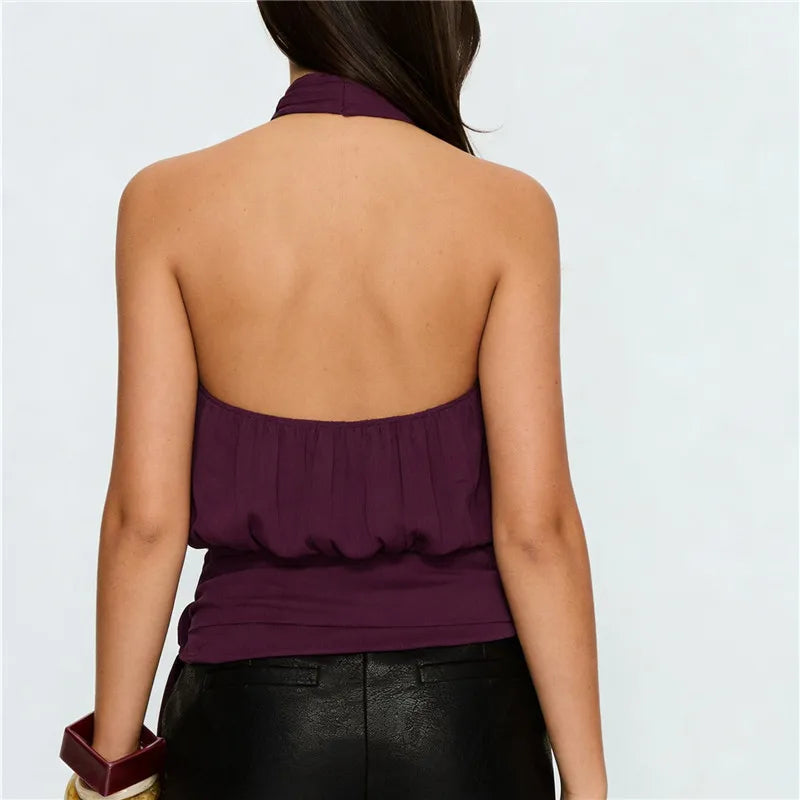 VacationGrabs Elegant Plum Purple Halter Top Women Open Back Sleeveless Blouse Tie Waist Flowy Top For Office Commute And Casual Wear