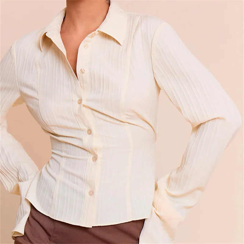 VacationGrabs Women Button Down Bodycon Shirts V Neck Lapel Collared Long Sleeve Fitted Shirt Vintage Fall Outgoing Blouse Tops