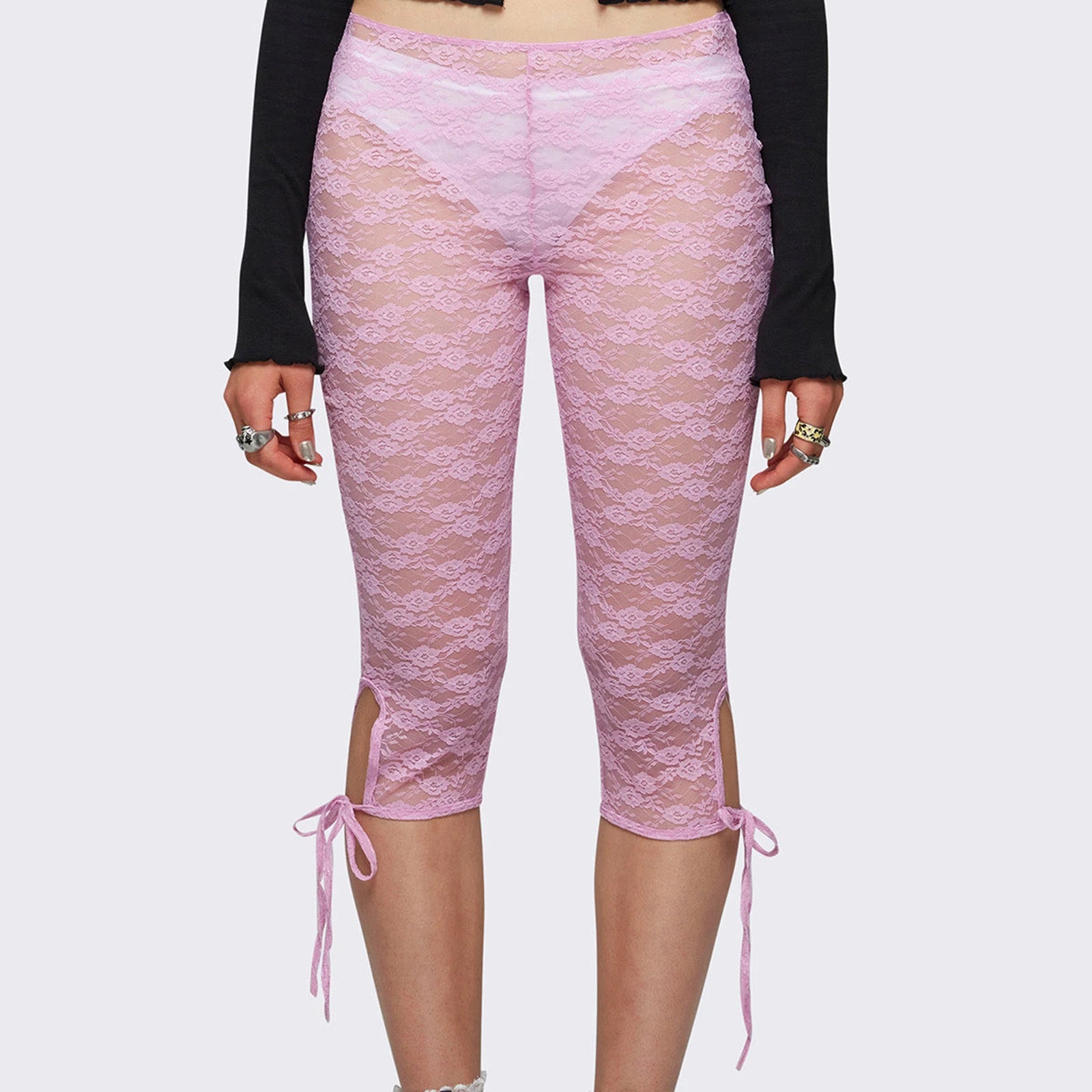 VacationGrabs Lace Capri Leggings for Women Y2k Mesh See Through Pants Fairycore Floral Lace Tights Pants for Daily Streetwear