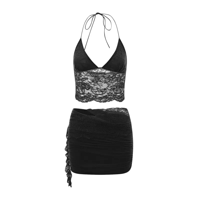 Pink Lace Two Piece Set | Strapless Top & Mini Skirt