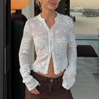 VacationGrabs Hollow Floral Lace Women Cropped Cardigan Stand Collar Long Sleeve Button Sheer See Through Cover Up Casual Beach Tops