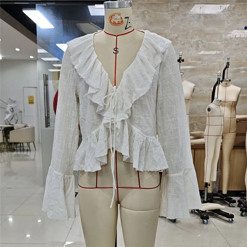 VacationGrabs Y2K Retro Raw Fringe Ruffle Crop Blouse Women Crinkled Texture V Neck Tie Front Flare Long Sleeve Casual Street Shirts