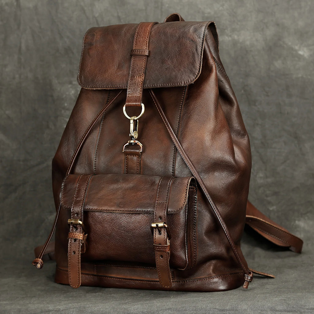 USB Charging Leather Backpack for Men 15.6" Laptop
