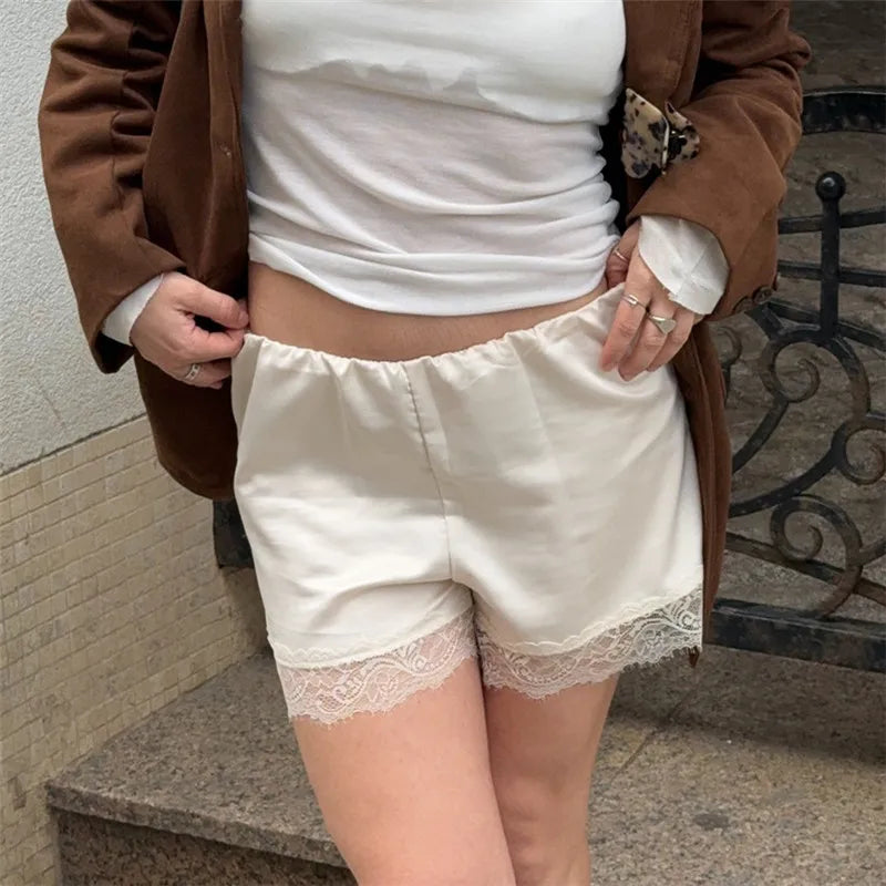 VacationGrabs Chic White Satin Lace Shorts For Woman Casual Elastic Waist Shorts Summer Elegant High Waist Short Pants Lady Streetwear
