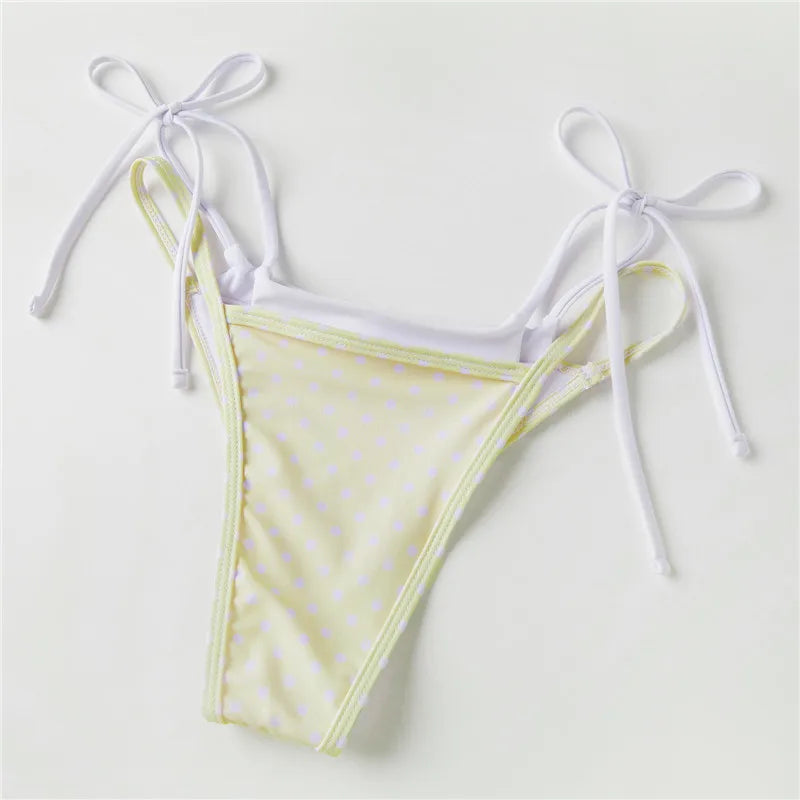 VacationGrabs Women's Double Layered Bikini Set Dot Print Halter Bra with Side Tie-up Low Waist Shorts 2 Pcs Swimsuit Beachwear