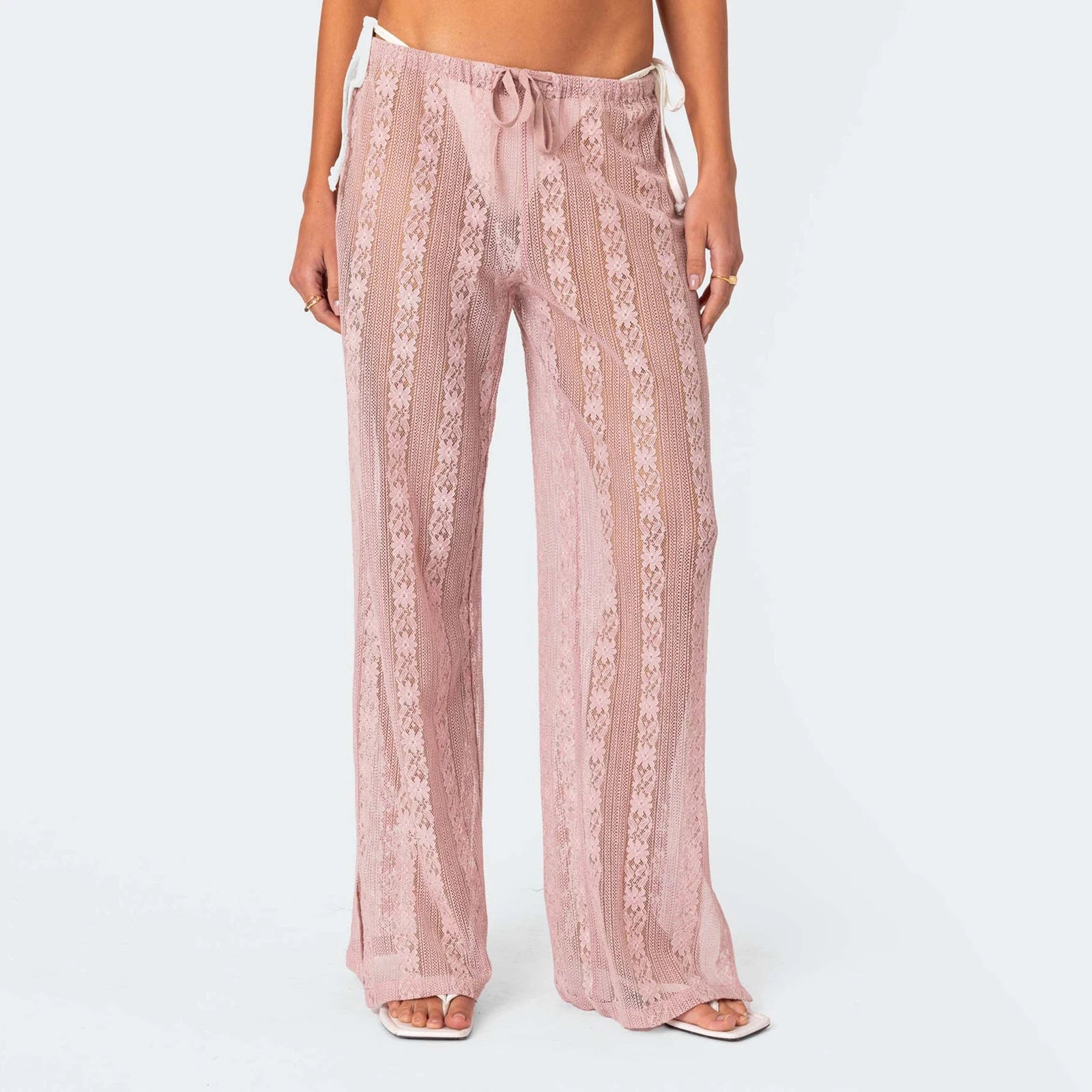 VacationGrabs Women's Summer Sheer Beach Long Pants Casual Drawstring Waist Wide Leg Lace Floral See Through Pants Beachwear