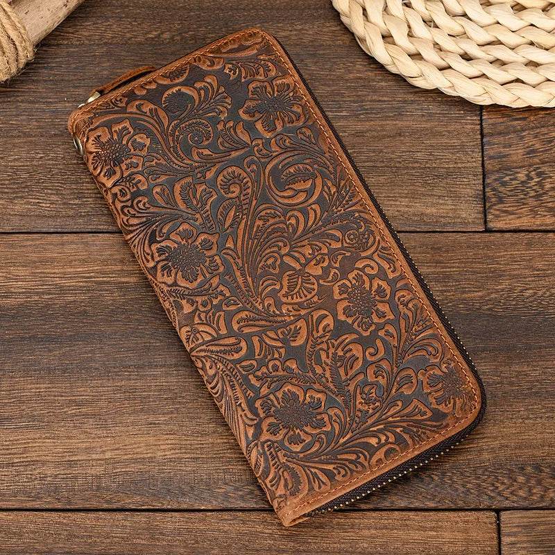 Men's Zip Long Wallet Natural Cowhide for Cards, Cash & Phone - VacationGrabs