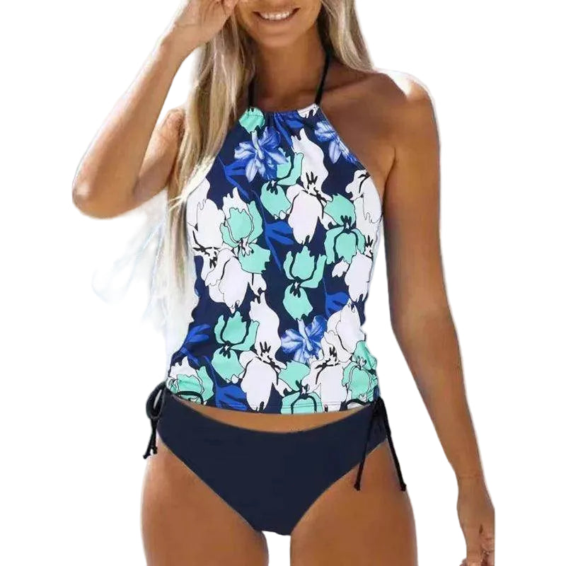 Women's Bathing Suit Drawstring Side Halter Neck Tankini - VacationGrabs